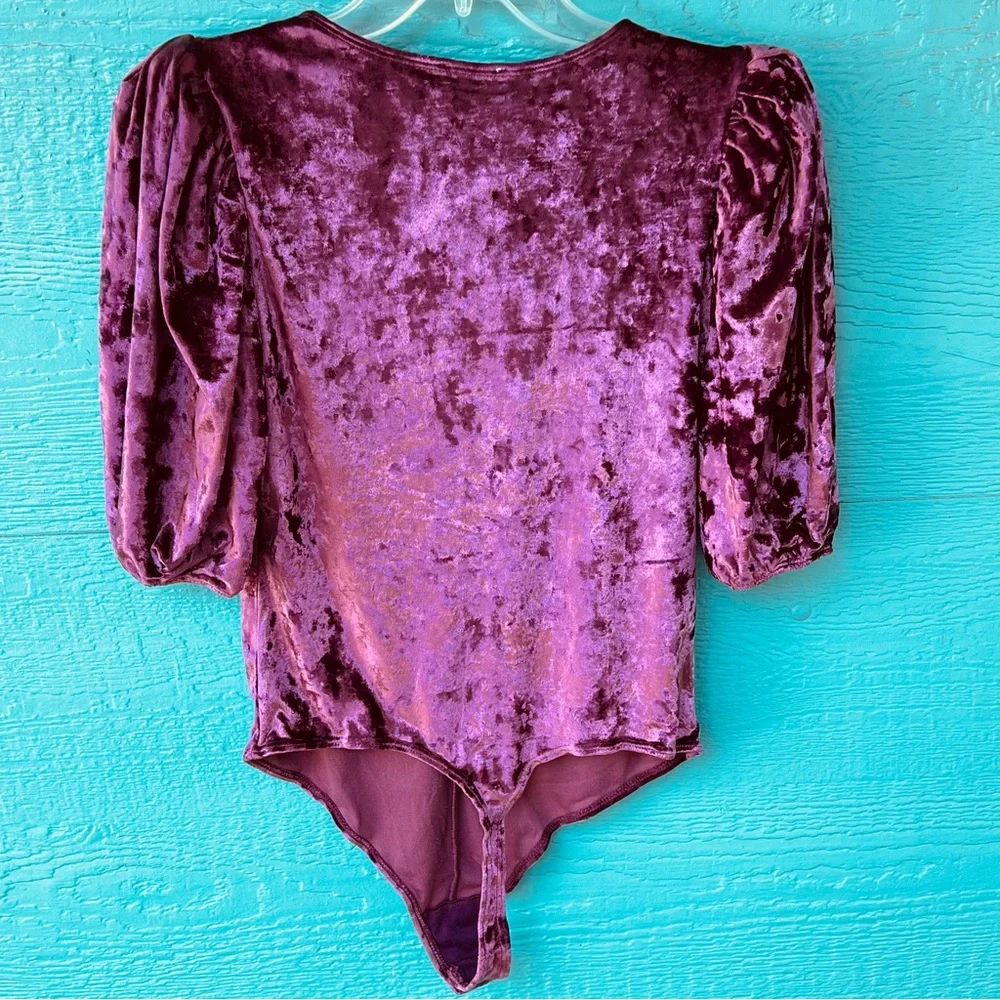 Free People Crushed Velvet Whimsygoth Fairy Purple Bodysuit Puff Sleeves Size S
